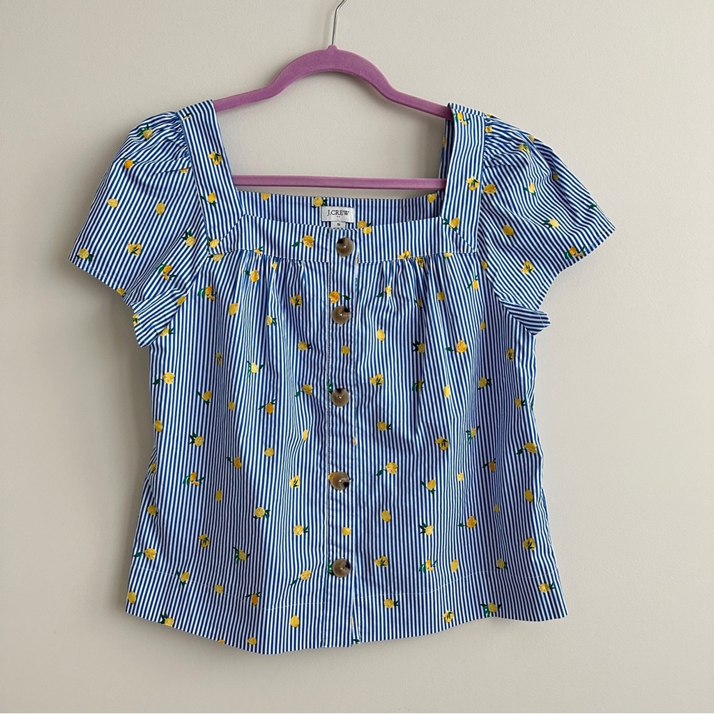 J. Crew Lemon Print Striped Poplin Top